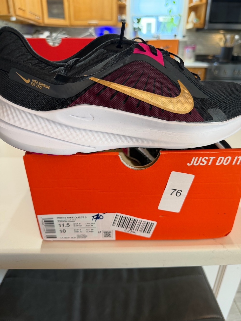 New Nike Black and Burgundy Running Shoe with Gold Swoosh and Pink Accents